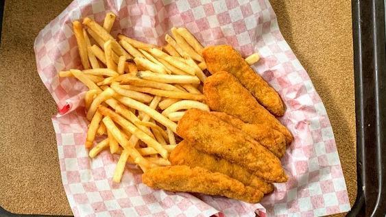 Chicken Strips · Fried, tender chicken strips with a side of your choice.