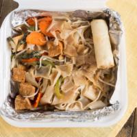 Drunken Noodles · Flat noodle with garlic, onion, carrots, bean sprouts, bell pepper, and fresh basil.