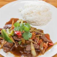 Mongolian Beef · Stir-fried beef with bell peppers, broccoli, bamboo shoots carrots, celery.served with a sid...