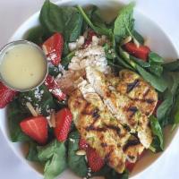 Strawberry Spinach Salad With Chicken · Grilled chicken breast, fresh baby spinach, strawberries, slivered almonds, feta crumbles, a...
