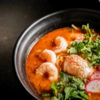 * Spicy Shrimp Ramen · Spicy.  Seafood Broth,  Shrimp, Poached Egg,  Fish Cake,  Arugula & Cilantro