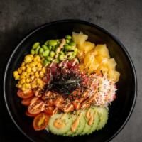 * Rainbow Bowl · Spicy.  Tuna,  Salmon, Tofu,  Fish Egg,  Seaweed, Green Onion,  Spicy Mayo,  Crab Mix,  Cucu...