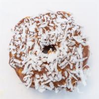 Chocolate Coconut · CHOCOLATE ICED YEAST DONUT TOPPED WITH COCONUT FLAKES
