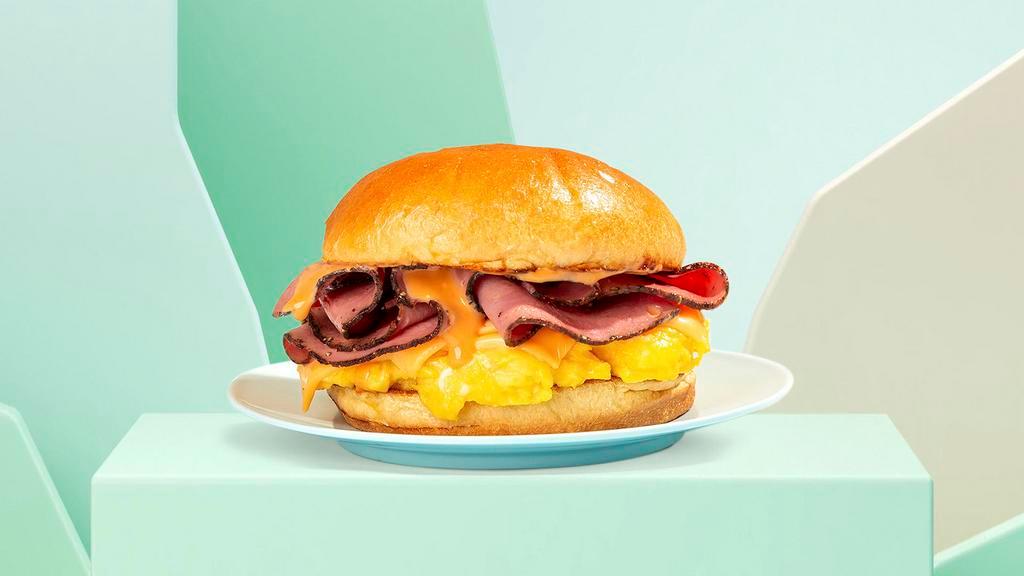 Pastrami, Egg And Cheese Sandwich · Eggs with smoked pastrami and melted cheese.
