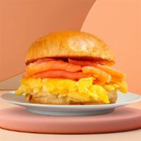 Smoked Salmon, Egg & Cheese Sandwich · Eggs with smoked salmon and melted cheese.