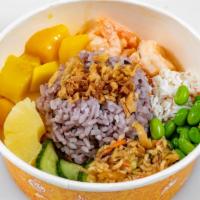 Double Rainbow Bowl · Mild, gluten. Nori Strips tossed in Spicy Mayo, Krab Meat, Mango, Pineapple, Marinated Cucum...