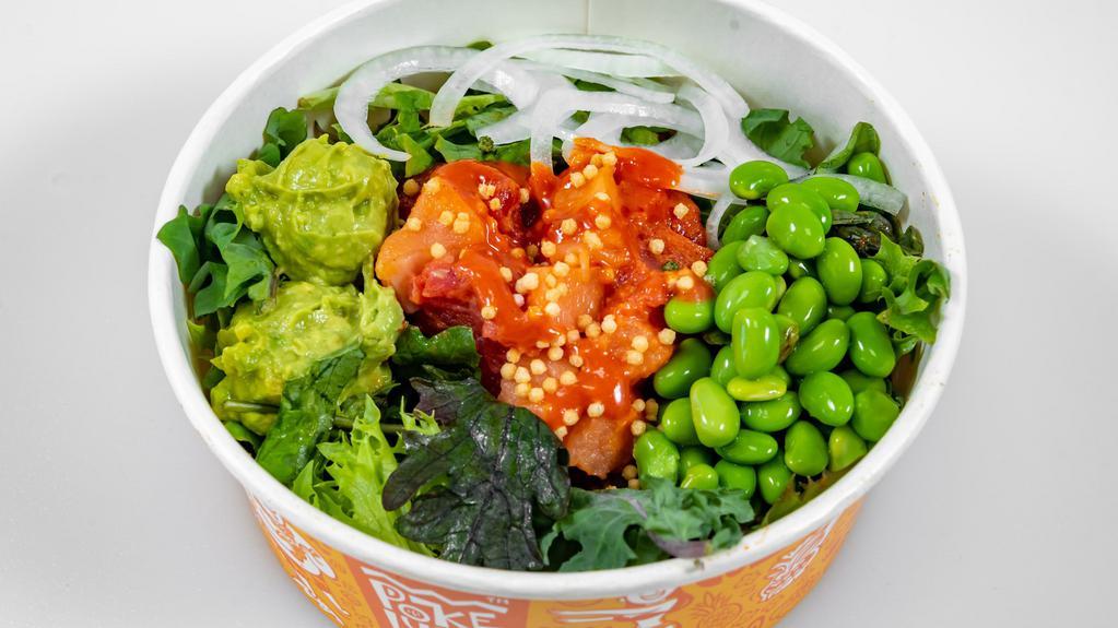 Tsunami Salad Bowl · Medium, gluten. Crunchy onion Salmon, Tuna, Kale Salad tossed in Volcano sauce, Smashed Avocado, Maui Onion, Edamame, Bubu Balls.

Consuming raw or uncooked meats, poultry, seafood, shellfish or eggs may increase your risk of foodborne illness.