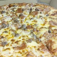 Full House  · Our version of a meat lover's pizza - loaded with pepperoni, sausage, ham, beef and extra ch...