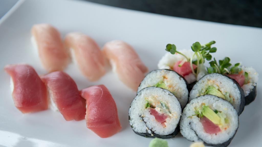 Tuna Plate · 3 pieces of red tuna, 3 pieces of white tuna nigiri, and a spicy tuna roll.
