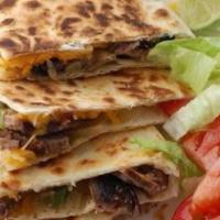 Quesadilla · flour tortilla grilled with Mexican cheese and choice of: 
beef, pork, grilled chicken, pork...