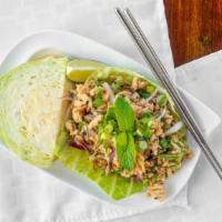 Larb Salad · Ground chicken, pork, or beef with red and green onions, cilantro and mint tossed in tangy t...
