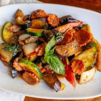 Spicy Basil Eggplant · Stir fried red curry paste with eggplants, onions, mushrooms, carrots, zucchini, peppers, an...