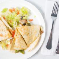 Quesadilla · A grilled flour tortilla with melted Jack and Cheddar cheese, guacamole, sour cream, tomato.