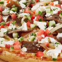 Mediterranean Gyro Pizza (Halal) · Gyro halal meat, Green Olives, Red Onions, Black Olives, Tomatoes, Green Peppers, Feta Chees...
