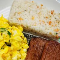Spam And Egg Platter · Seasoned rice,  2 Pieces of Spam served with scrambled eggs and pickled veggies

(also avail...