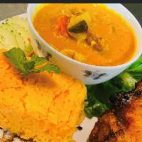 Spicy Curry Double Chicken Platter · Spicy Crispy Curry Chicken thigh with chicken curry and fried egg, Served with 1/2 white 1/2...