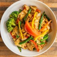 Pad See Moa · Spicy, gluten free. Flat rice noodles stir-fried with egg, tomatoes, broccoli, red bell pepp...