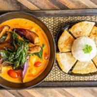 Roti - Duck Curry · Spicy. Duck confit, Thai eggplant cherry tomatoes, pineapple, red bell, green bean with Kang...