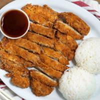 Chicken Katsu · Japanese-style panko breaded, then deep fried.  Served with steamed white rice.  Housemade k...
