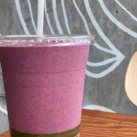 Berry Sunny Smoothie · 100% organic smoothie made with strawberries, blueberries, banana, house peanut butter, roll...