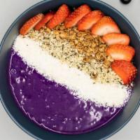Moonrise Smoothie Bowl · 100% organic smoothie bowl made with blue majik, pitaya, strawberries, banana, cashew milk t...