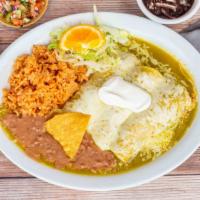 Enchiladas Verdez · Three soft tortillas stuffed with your choice of beef, chicken, or cheese topped with green ...