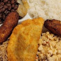 Everything Plate  · Your Choice of 2 Items: Lechon, Pollo, Picadillo and 1 Empanada (Beef or Chicken) with White...