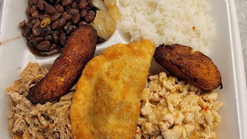 Everything Plate  · Your Choice of 2 Items: Lechon, Pollo, Picadillo and 1 Empanada (Beef or Chicken) with White Rice, Black Beans and Sweet Fried Plantains
