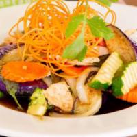 Thai Eggplant · Stir-fried oriental eggplant with Thai basil leaves, bell peppers, broccoli, carrots, onions...