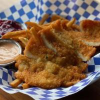 Chicken Schnitzel Strips & Fries · Served with curry mustard and ginger soy sauces.