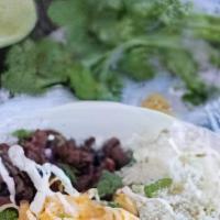 Ground Beef Burrito Bowl · Shredded beef, rice, black beans, pico de gallo, lettuce