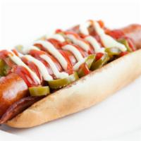 La Dog With Fries · 1/4 lb. All-beef dog | bacon peppers | grilled onions | jalapeño ketchup | mayo.