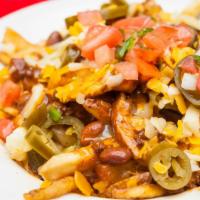 Chili Cheese Fries · French fries | chili with beans , jalapeno | onion / Melted Aged cheddar cheese Sauce.