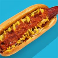 Junkyard Dog · Wrapped in bacon and fried and topped with our house Coney beef chili, shredded cheddar, gri...