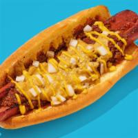 Vegan Coney Maloney · Vegan dog topped with our house vegan chili, our house vegan cheese sauce, raw onions, and y...