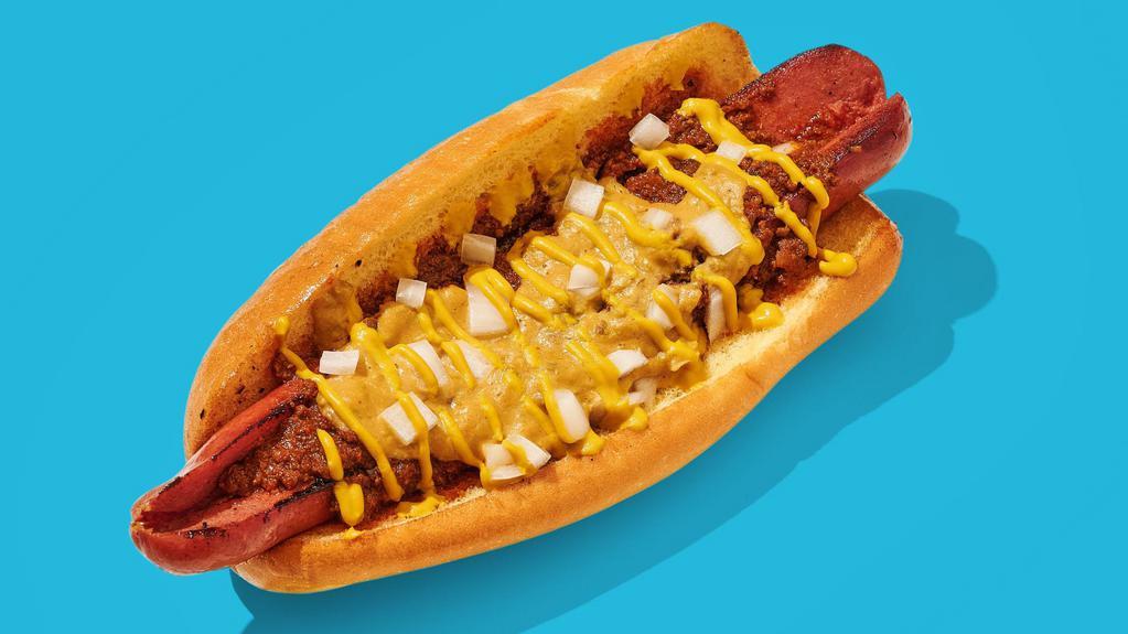 Vegan Coney Maloney · Vegan dog topped with our house vegan chili, our house vegan cheese sauce, raw onions, and yellow mustard.