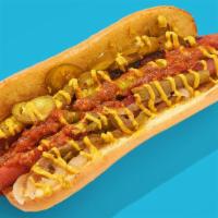 Vegan Hot Dog Energy · Vegan dog topped with grilled onions & peppers, pickled jalapenos, sport peppers, yellow mus...