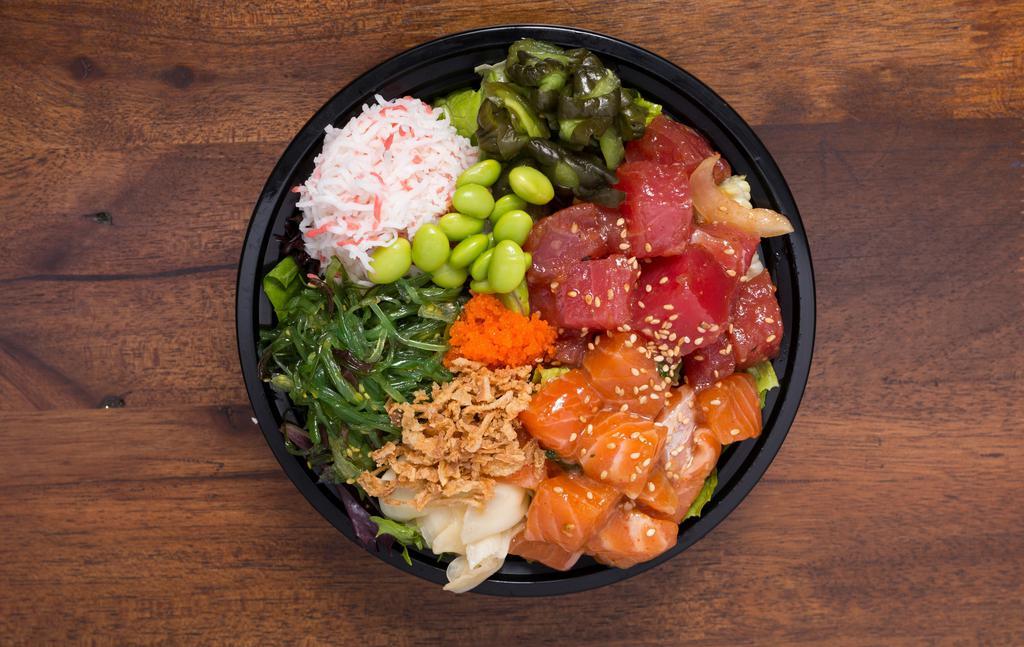 2 Fish Bowl · Includes: Imitation crab salad, seaweed salad, kyuri-zuke (pickled cucumber), masago, fried onion, and edamame.
