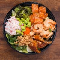 3 Fish Bowl · Includes: Imitation crab salad, seaweed salad, kyuri-zuke (pickled cucumber), masago, fried ...