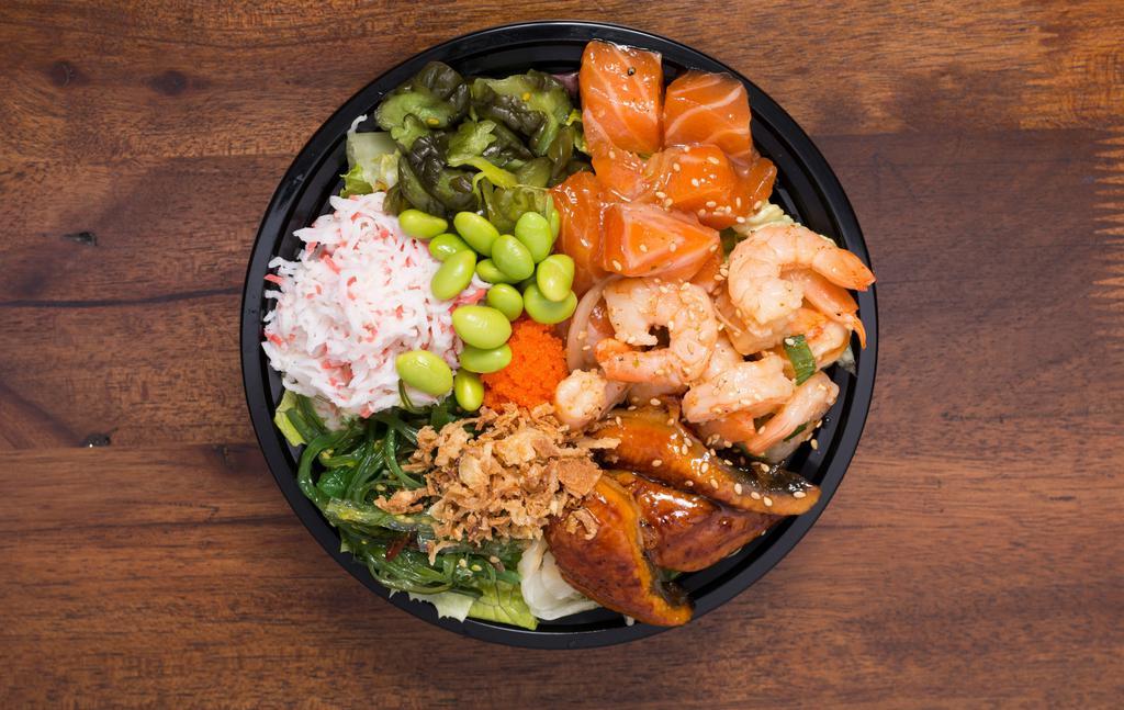 3 Fish Bowl · Includes: Imitation crab salad, seaweed salad, kyuri-zuke (pickled cucumber), masago, fried onion, and edamame.