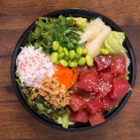 1 Fish Bowl · Includes: Imitation crab salad, seaweed salad, kyuri-zuke (pickled cucumber), masago, fried ...