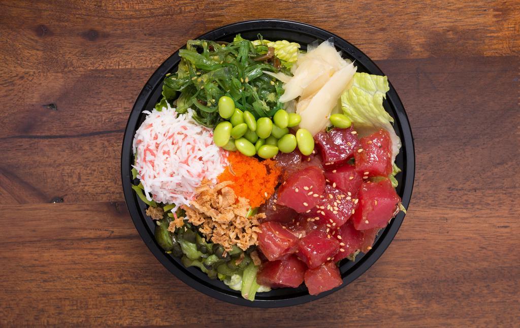 1 Fish Bowl · Includes: Imitation crab salad, seaweed salad, kyuri-zuke (pickled cucumber), masago, fried onion, and edamame.