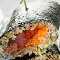 Poke Burrito · Includes: Rice and nori wrap, imitation crab, masago, ganpyo, cucumber, lettuce, inari and p...