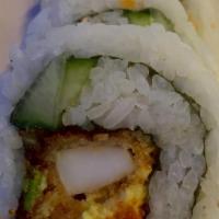 Calamari Roll (6) · Inside - deep fried calamari, cucumber, avocado, carrot, masago, cream cheese. On top - sesa...