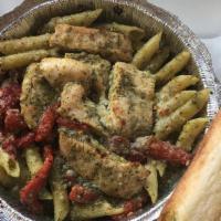 Penne Chicken Pesto (For 1) · Penne, tender chicken breast, pimento in a creamy basil pesto sauce.