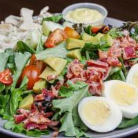 Cob Salad · Spring mix chicken, bacon, egg, tomato, cucumber, avocado. Served with honey mustard dressing.