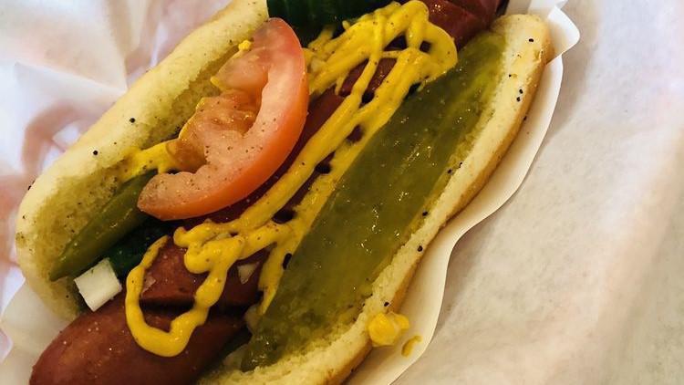 #11 Chicago Hot Dog · Vienna beef hot dog, mustard, relish, onions, tomatoes, pickle, sport peppers, celery salt.