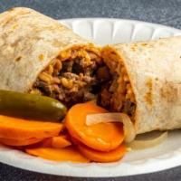 Burrito Carnitas / Pork · Cerdo frito/Fried pork
Rice and beans onion cilantro and salsa