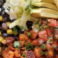 Rice Chicken Bowl · A rice bed topped with grill chicken grilled onions avocado black beans relish lettuce sour ...