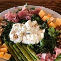 Whole Green & Asparagus Salad · spring mix with baby arugula, asparagus, cantaloupe, walnuts, prosciutto, and fresh burrata,...